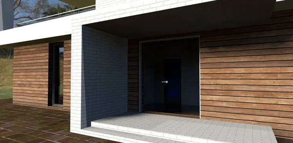 The render of high tech house transparent door. Can be used to advertise design or construction of beautiful modern homes.