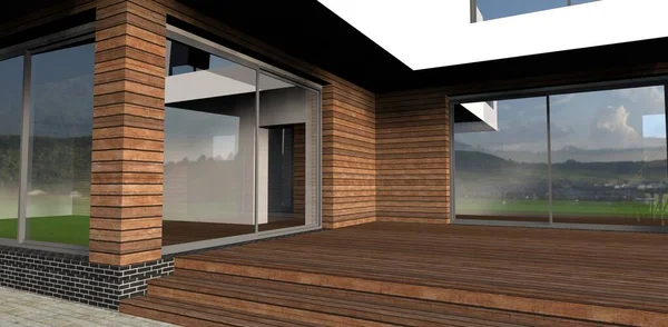 3d rerender of estate with wooden terrace and reflective windows. Good for real estate websites. A great idea for an advertising banner for the real estate sale.