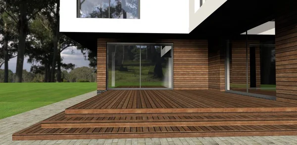 豪华林屋的木制露台 3D渲染 对年轻设计师来说是个好主意可用于宣传漂亮现代住宅的设计或建造 — 图库照片