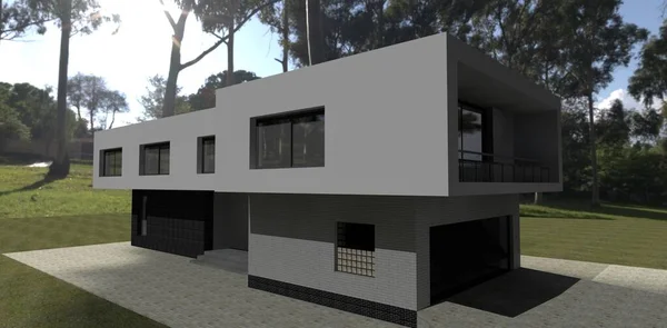 3D渲染一个美丽的现代房子 一个很好的主意 为房地产销售设计一个广告横幅 家居装饰公司的好处 — 图库照片