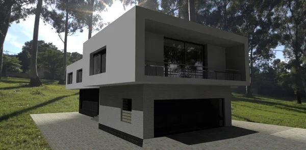 高科技房屋 车库和阳台上的景观 3D渲染 很好的房地产网站 为房地产销售设计一面广告牌的好主意 — 图库照片