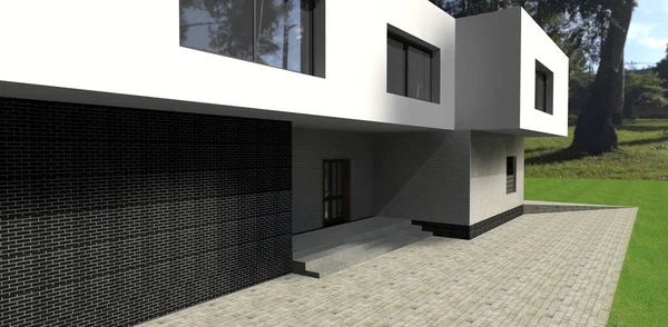 The entrance to the high tech style bulding constructed in a forest - 3d render. Good idea for young designers. Can be used to advertise design or construction of beautiful modern homes.