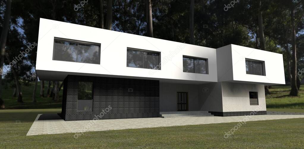 Facade and entrance of high tech house with flat roof - 3d illustration.May be useful for advertising luxury real estate. Good for resources about contemporary real estate design. 