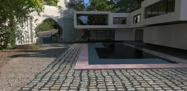 High tech house yard. Entrance through an arch from the street. 3d render. Good for home decorating companies. May be useful for advertising luxury real estate.