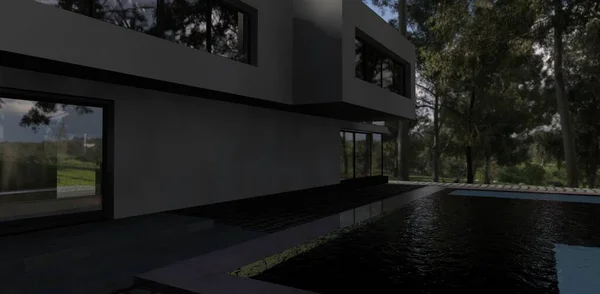 Pool High Tech Luxury House Shadow Evening Forest Render Good — Stock Photo, Image