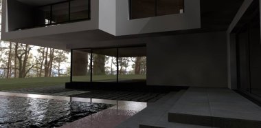  Banliyödeki bir evin havuzundan ormana bakıyor. 3 boyutlu görüntüleme. Gayrimenkul satışı için harika bir reklam pankartı fikri. Ev dekorasyonu şirketleri için iyi.. 