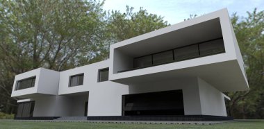  Lüks banliyö evi. Beyaz cephe. 3 boyutlu görüntüleme. Gayrimenkul satışı için harika bir reklam pankartı fikri. Ev dekorasyonu şirketleri için iyi.. 