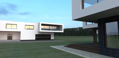 Orman arazisindeki beyaz, düz çatı evi. 3D, gayrimenkul satışı için harika bir reklam afişi hazırladı. Ev dekorasyonu şirketleri için iyi.. 