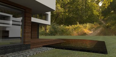 Ormandaki havuzun yanındaki ahşap teras. 3 boyutlu görüntüleme. Gayrimenkul satışı için harika bir reklam pankartı fikri. Ev dekorasyonu şirketleri için iyi.. 