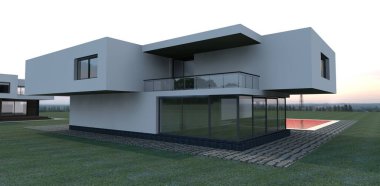 Günbatımını havuz yüzeyinde yansıtan çağdaş tasarım evine akşam manzarası. 3D görüntüleme. Gayrimenkul satışı için harika bir reklam pankartı fikri. Ev dekorasyonu şirketleri için iyi.. 