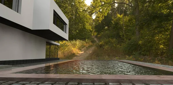 Camino Del Bosque Que Baja Una Piscina Una Casa Alta — Foto de Stock