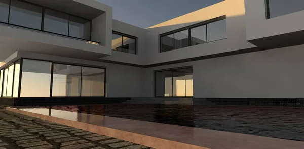 High tech luxury house at the time of sunrise. 3 d render. A great idea for an advertising banner for the real estate sale. Good for home decorating companies.