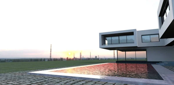 Вид Зони Басейну Захід Сонця Розкішна Високотехнологічна Будівля Рендеринг Чудова — стокове фото
