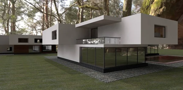 Deux Bâtiments Style High Tech Sur Paysage Forestier Rendering Une — Photo