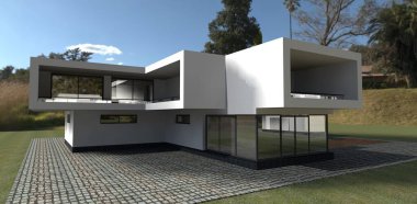  Arkasında çalılar ve ağaçlar olan beyaz duvarlı lüks bir ev. 3D görüntüleme. Müşterilere ya da banliyö emlak inşaat şirketlerine yüksek teknoloji ürünleri göstermek için kullanılabilir. İnşaat için bir ev tasarlamak isteyenler için harika bir fikir..