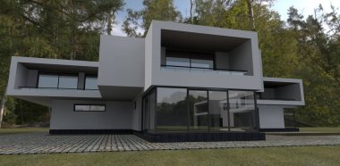 Arkasında orman olan gri çağdaş tasarım evi. 3D tasarım. İnşaat için bir ev tasarlamak isteyenler için harika bir fikir..