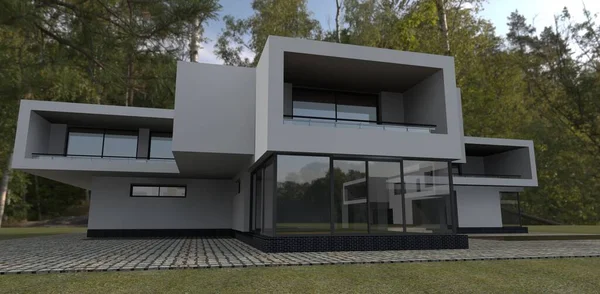 Casa Diseño Contemporáneo Gris Con Bosque Detrás Render Excelente Idea — Foto de Stock