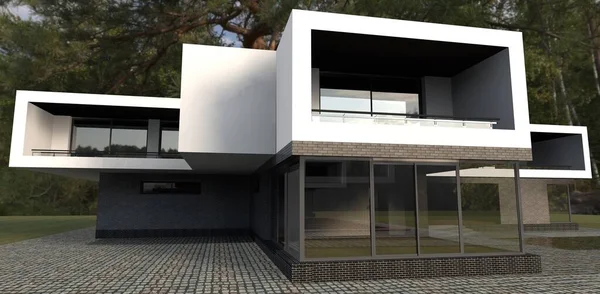 Renderização em 3d de uma casa moderna com fachada escura. casa com janelas  panorâmicas e terraço. tijolo