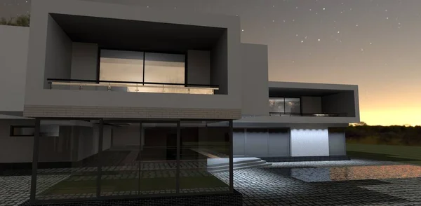 Cinq Minutes Avant Lever Soleil Maison Design Contemporain Avec Piscine — Photo