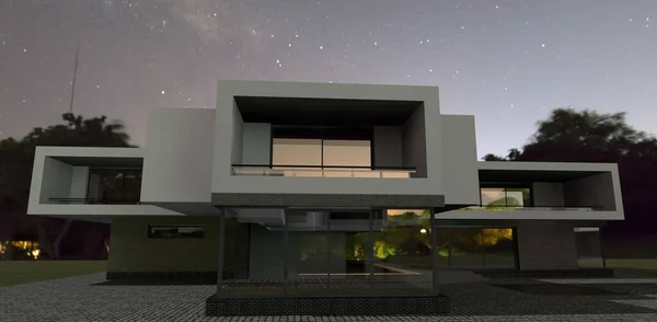 Empty Newly Constructed High Tech House Morning Stars Lights Reflected — Stock Photo, Image