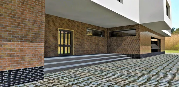 黑色瓷砖和水泥台阶 完成一个凉爽的房子的入口 3D渲染 适合家居装饰公司 Jpg — 图库照片