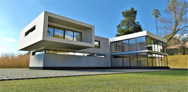 Însorită Cer Albastru Casa Modernă Ferestre Reflectorizante Render Concept Vizual — Fotografie, imagine de stoc