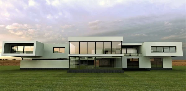 Nieuw Gebouwd Luxe Huis Groen Veld Onder Bewolkte Hemel Weergave — Stockfoto