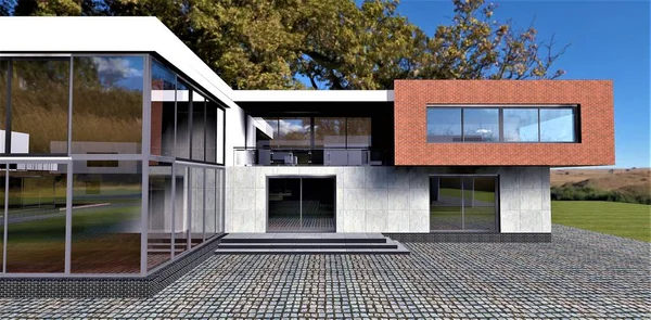 Concrete Wall Red Brick Decor Sky Reflection Advanced House Green — Stock Photo, Image