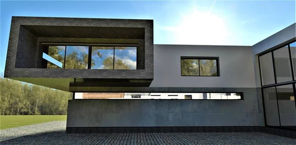 Concrete Walls Oblong Window Modern Trends Design Luxury Buildings Render — Stock Photo, Image