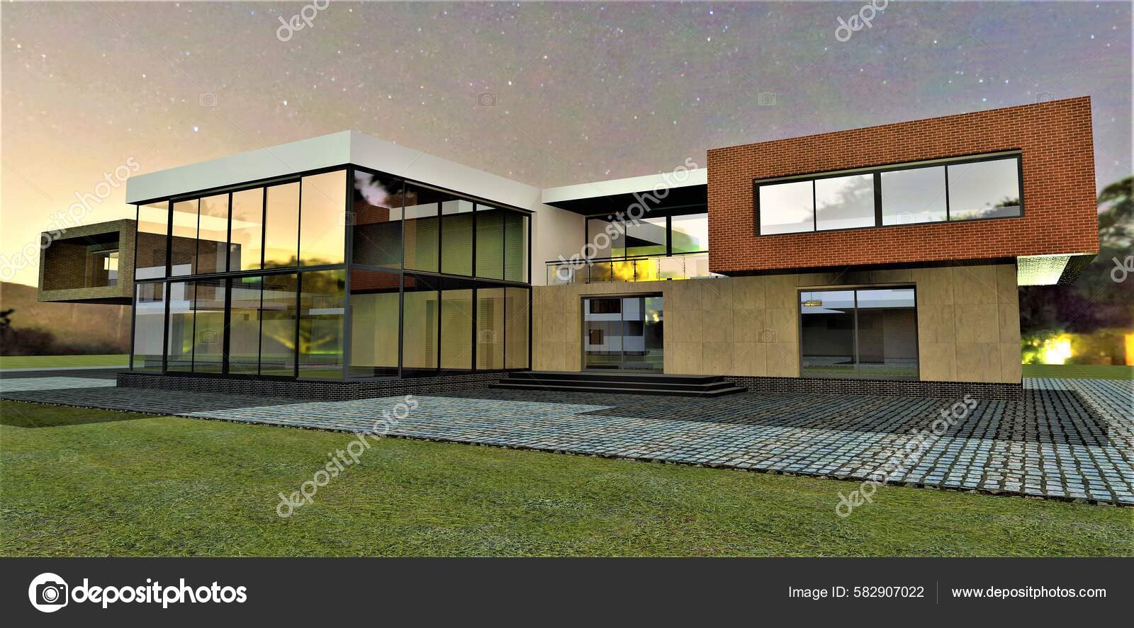 Renderização em 3d de uma casa moderna com fachada escura. casa com janelas  panorâmicas e terraço. tijolo