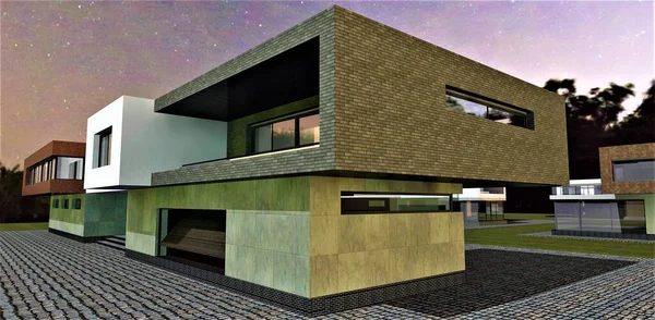 Renderização em 3d de uma casa moderna com fachada escura. casa com janelas  panorâmicas e terraço. tijolo