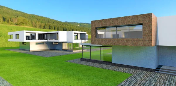 Two Newly Built Suburban Houses Green Field Forest Render Can — ストック写真
