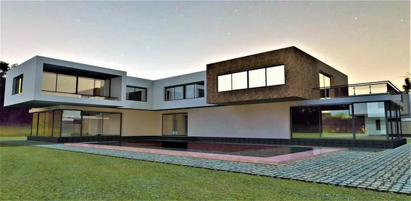 Uma Bela Casa Luxo Sob Capa Noite Verão Janelas Apenas — Fotografia de Stock