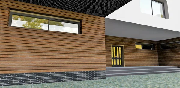 Facade board for finishing the walls of an advanced house. Looks good black tile for plinth cladding. 3d render. Not a bad idea for facade designers.