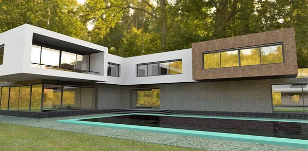 Lujosa Villa Con Piscina Sombra Bosque Otoñal Render Perfecto Para —  Fotos de Stock