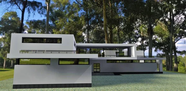Villa Campagne Avancée Dans Forêt Fenêtres Oblongues Modernes Rendu Bon — Photo