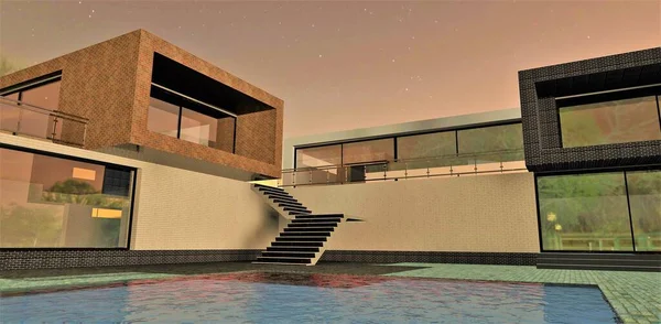 Minunată Vedere Seară Unei Case Moderne Țară Piscină Render Idee — Fotografie, imagine de stoc