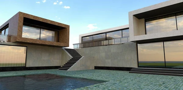 Bir Kır Evinin Özel Tasarımı Beton Tuğla Döşemeleri Bitiriyorum Kinci — Stok fotoğraf