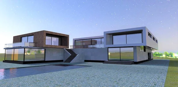 Exklusives Design Eines Landhauses Nachtsicht Treppen Von Der Zweiten Ebene — Stockfoto
