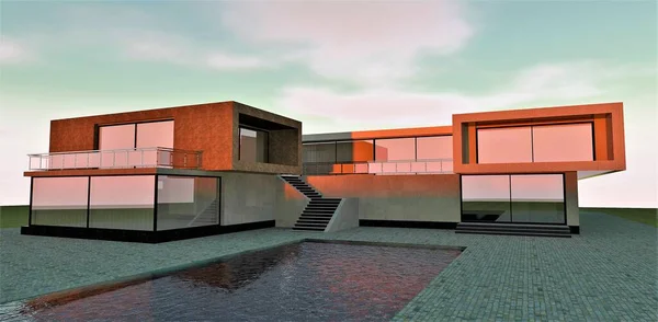 Fortschrittliches High Tech Haus Bei Sonnenaufgang Das Poolwasser Spiegelt Die — Stockfoto
