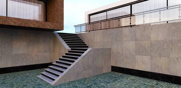 Concrete Stairs Spacious Advanced Country House Render May Interest Designers —  Fotos de Stock