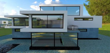 Yeni yapılmış acımasız bir yüksek teknoloji evi. Üç kat. Beyaz alçı kaplama. Özel bir seçenek. 3d hazırlayıcı.