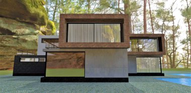  Vahşi ormandaki büyük bir kayanın yanında yüzme havuzu olan lüks, yüksek teknolojili bir villa. 3 boyutlu görüntüleme. Özel gayrimenkul satışıyla ilgili bir afiş için ilginç bir resim..