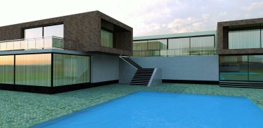 Mavi havuzlu modern, yüksek teknolojili villa. Bulutlu gökyüzü. 3 boyutlu görüntüleme. Özel gayrimenkul satıcıları için uygundur...