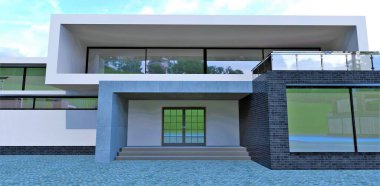 Lüks, ileri teknoloji bir kır evine giriş. Beton veranda ve merdivenler. Uzun dikdörtgen şekiller. 3 boyutlu görüntüleme. Modern, güzel bir evin görsel konsepti, müşterinin gelecekteki konutların inşasına karar vermesine yardımcı olur..