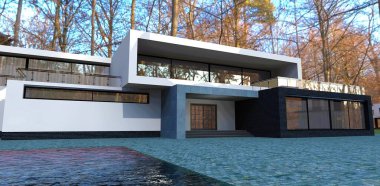 Lüks, gelişmiş, yüksek teknolojili kır evi. Sonbahar ormanında güneşli bir gün. 3 boyutlu görüntüleme. Modern, güzel bir evin görsel konsepti, müşterinin gelecekteki konutların inşasına karar vermesine yardımcı olur..