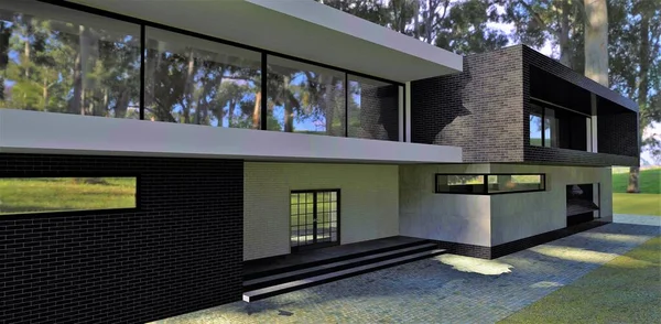 Beautiful Modern High Tech House Windows Reflect Ancient Dark Forest — Fotografia de Stock