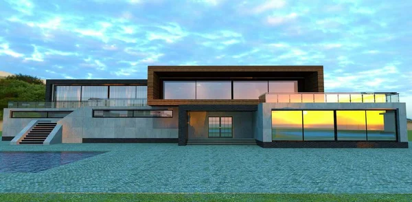 Wonderful cloudy morning. The dawn is reflected in the windows of a luxurious advanced high-tech house. 3d render. Not a bad idea for a site about modern real estate.