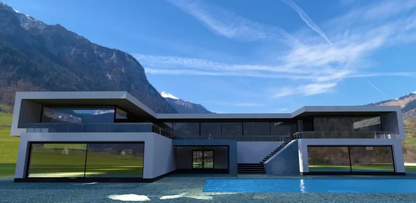 Awesome Design High Tech House Standing Mountains White Facade Flat — Stockfoto