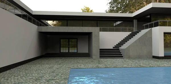 Yard Luxury High Tech House Blue Water Swimmimg Pool Render — Fotografie, imagine de stoc